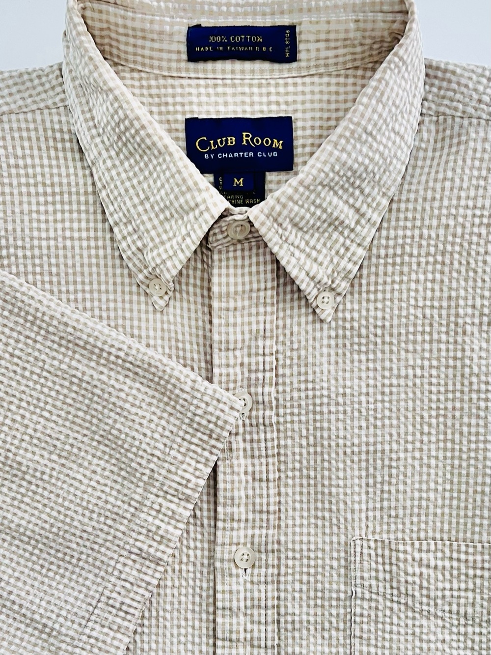 Men's Seersucker Tan & White Check Short Sleeve Button-Down Shirt (M) EUC